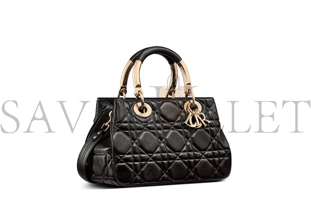 D*or lady 95.22 gold hardware diana handbag calfskin leather bag medium black (39*25*16.5cm)